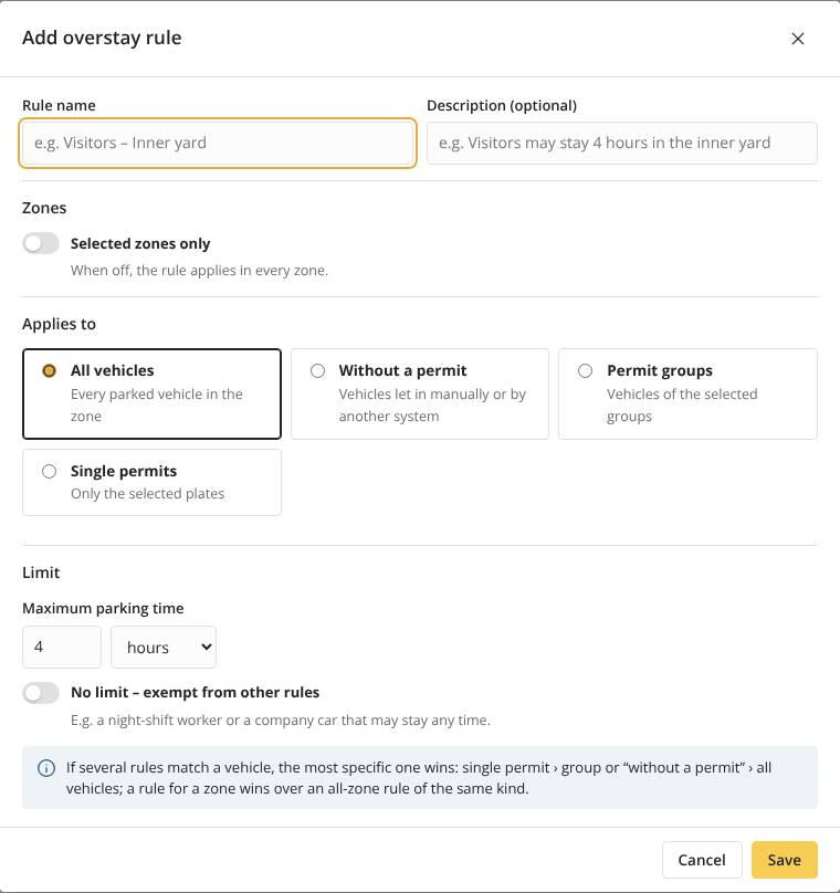 Overstay rule dialog